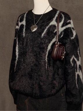 Black Fuzzy Sweater with White Abstract Flame Accents